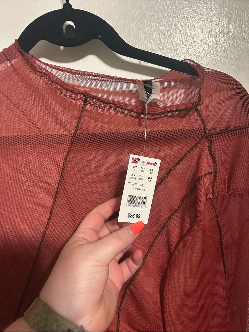 Sheer Long Sleeve Mesh Dress - Red